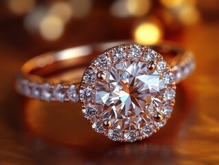 Fototapeta premium Elegant rose gold engagement ring with sparkling diamond in soft bokeh background