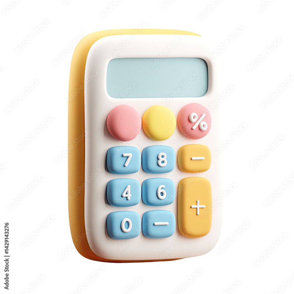 Poster illustration of a colorful calculator against a transparent background with pastel colors and rounde