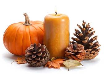 candle pumpkin and cones isolated on white .jpg