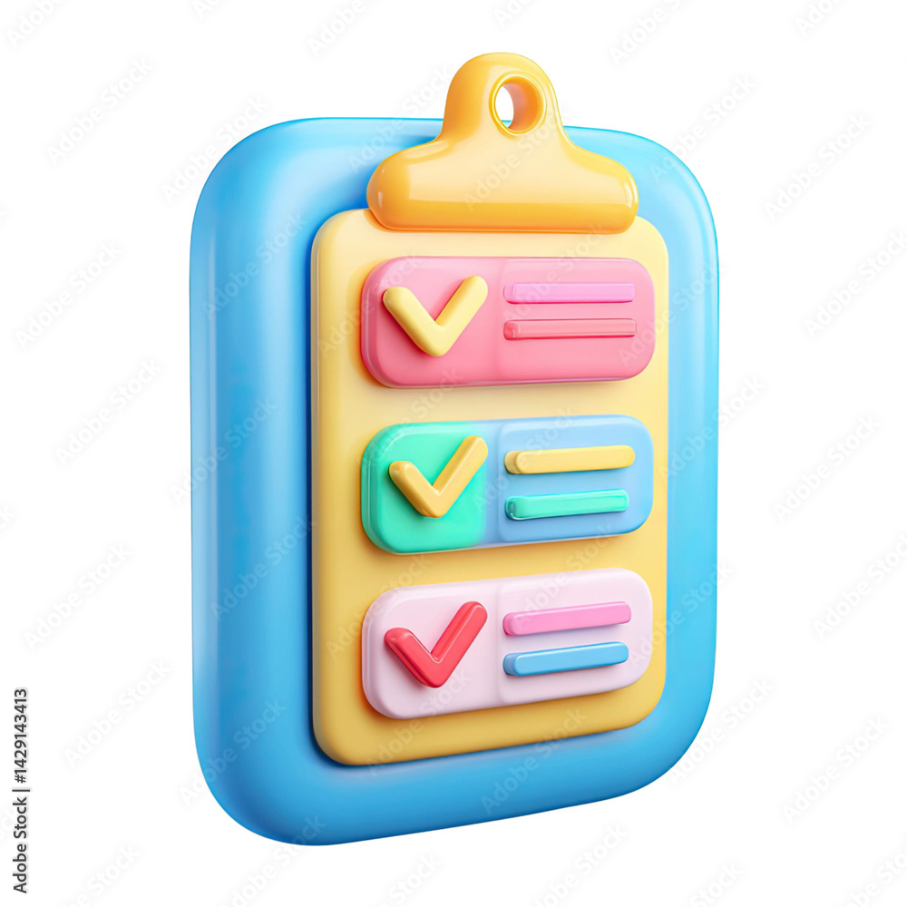 Poster 3d illustration of a checklist with colorful checkmarks and text boxes against a transparent backgro
