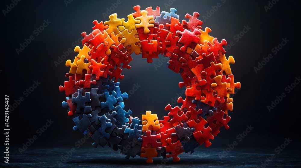 Poster colorful puzzle pieces forming a circle: a symbol of unity and completion