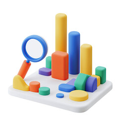 Colorful 3D Chart Illustration with Magnifying Glass Analyzing Business Data on White Surface