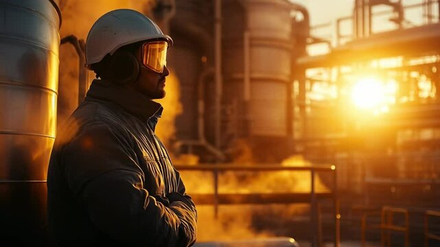 A male engineer wearing a hard hat inspects a solid oxide fuel cell (SOFC) heat-recovery exhaust system in an industrial facility. Steam and sunlight backlight the scene