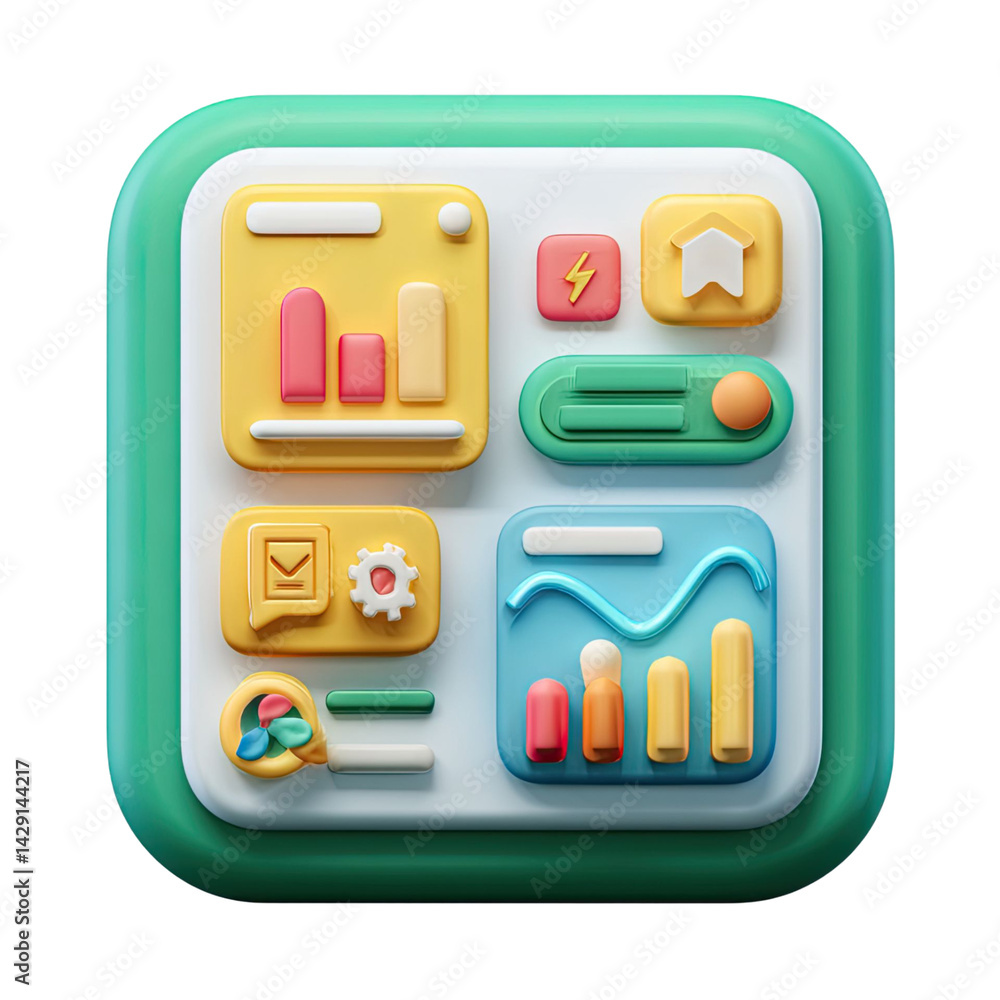 Poster 3d rendered infographic dashboard featuring colorful charts and graphs on a transparent background. 