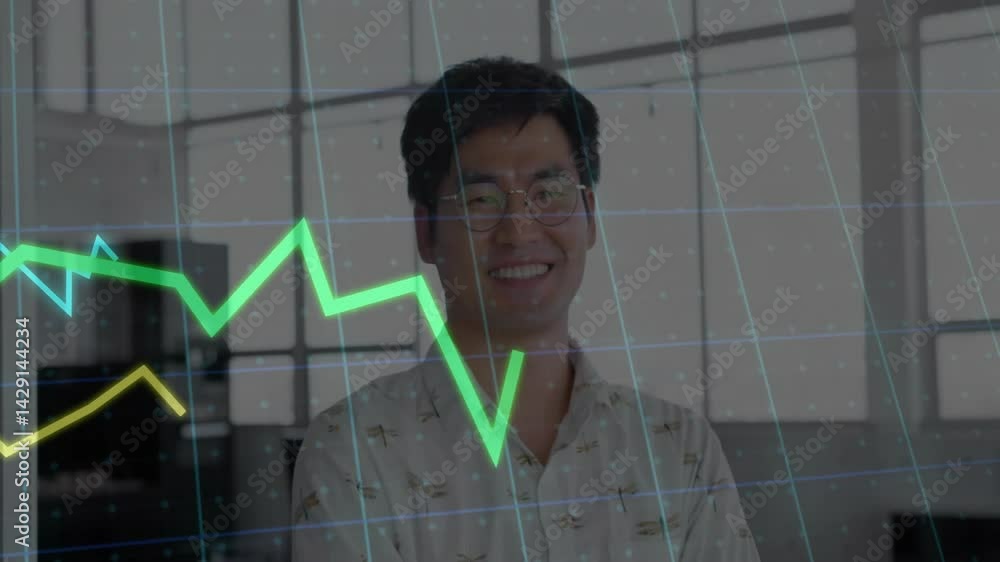 Poster man standing smiling in modern office showcasing animated grid with neon green finance line graphs