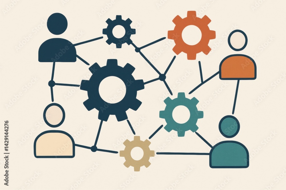 Poster connected collaboration in tech world: in a visual symphony of connected gears and abstract figures,