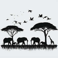 Majestic African Wildlife Silhouettes in a Peaceful Savannah/A serene black and white silhouette image depicts elephants, giraffes, and birds in a tranquil African savanna setting.