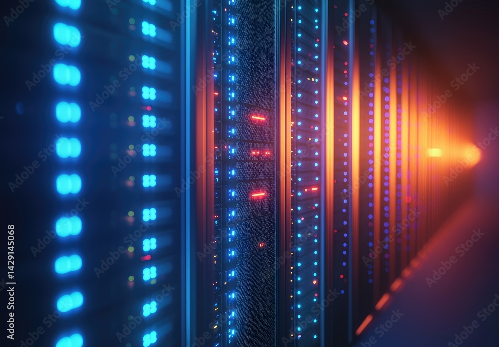 Aufkleber glowing server corridor with vibrant blue and orange lighting, showcasing modern data infrastructure