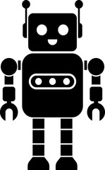 Robot silhouette icon. Simple black cute robotic character, avatar icon on isolated transparent background. Futuristic cute help bot in minimalistic style. Vector illustration.