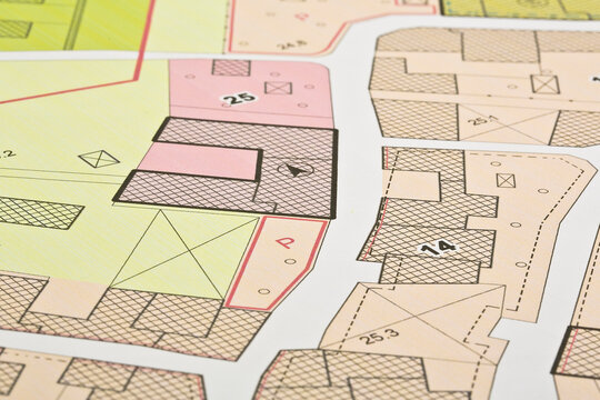 Imaginary Zoning Ordinance, General Urban Plan with indications of urban destinations with buildings, buildable areas, land plot and real estate land property