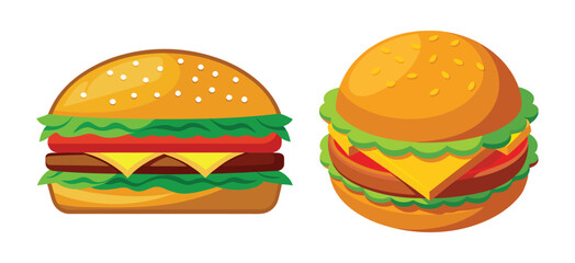 Set of burger with bacon and cheese, and Delicious cheeseburger served with golden fries and cold drinks at a casual dining setting