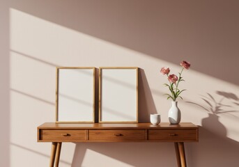 Warm interior scene with wooden table, blank picture frames, pink flower and soft sunlight on wall