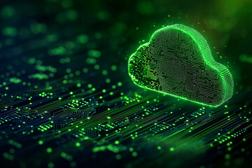 Digital cloud made of circuit boards and glowing lights, representing technology and data storage. vibrant green colors create futuristic atmosphere