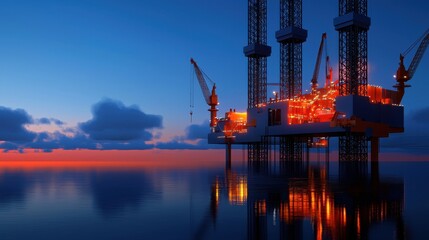 Obraz premium An offshore oil rig stands prominently as dusk settles, adorned with bright lights. Cranes tower above, and the calm sea reflects the vibrant colors of the sky at sunset