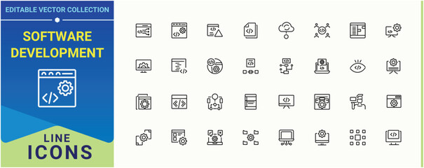 Software Development icon collection. Included website, develop, app, programming, technology and more. Programming Coding vector icon set. Modern icons collection. Vector collections.