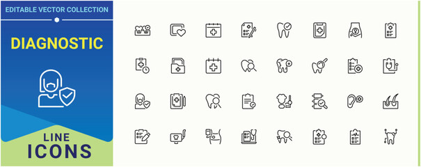 Diagnostic icon collection. Contains such icons as consultation, laboratory, checkup, examination, report, healthy and more. Health Checkup simple icon set. Outline icons pack. Vector illustration.