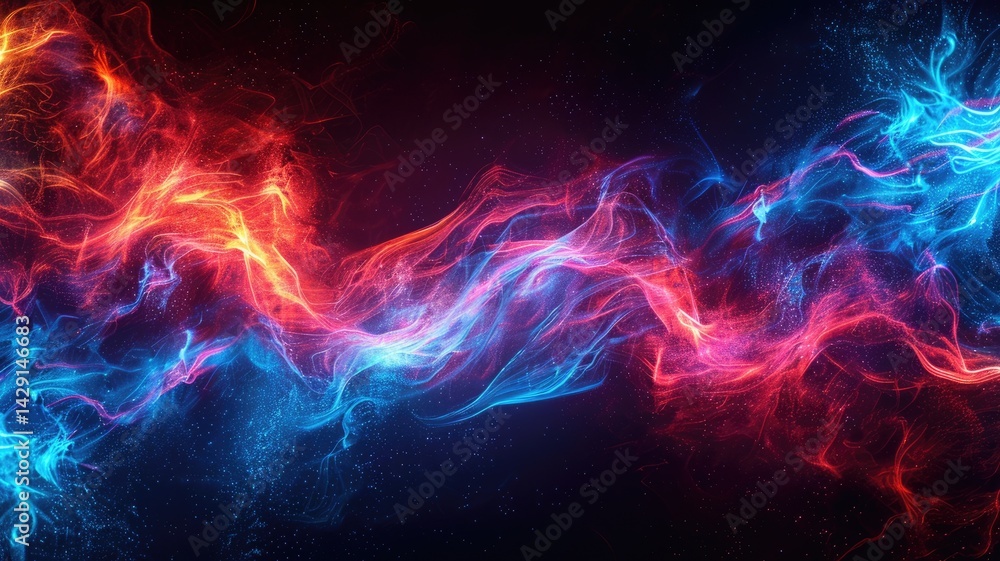 Poster picture of sparkling red ray and blue line light striking and scattered across a space background, c