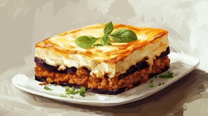 Savor the flavors of homemade moussaka featuring layers of tender eggplant, spiced meat, and creamy bechamel sauce, garnished with fresh basil and herbs