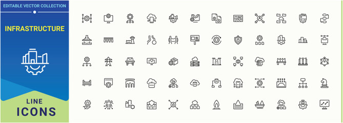 Set of Infrastructure line icon. Pack of industry, architecture, urban, city, road, building and more. Collection for mobile and web apps. Urban icon set. Pixel perfect. Vector illustration.