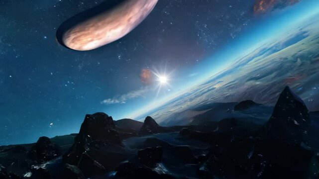 Cosmic Landscape with Celestial Bodies and Stars in the Night Sky