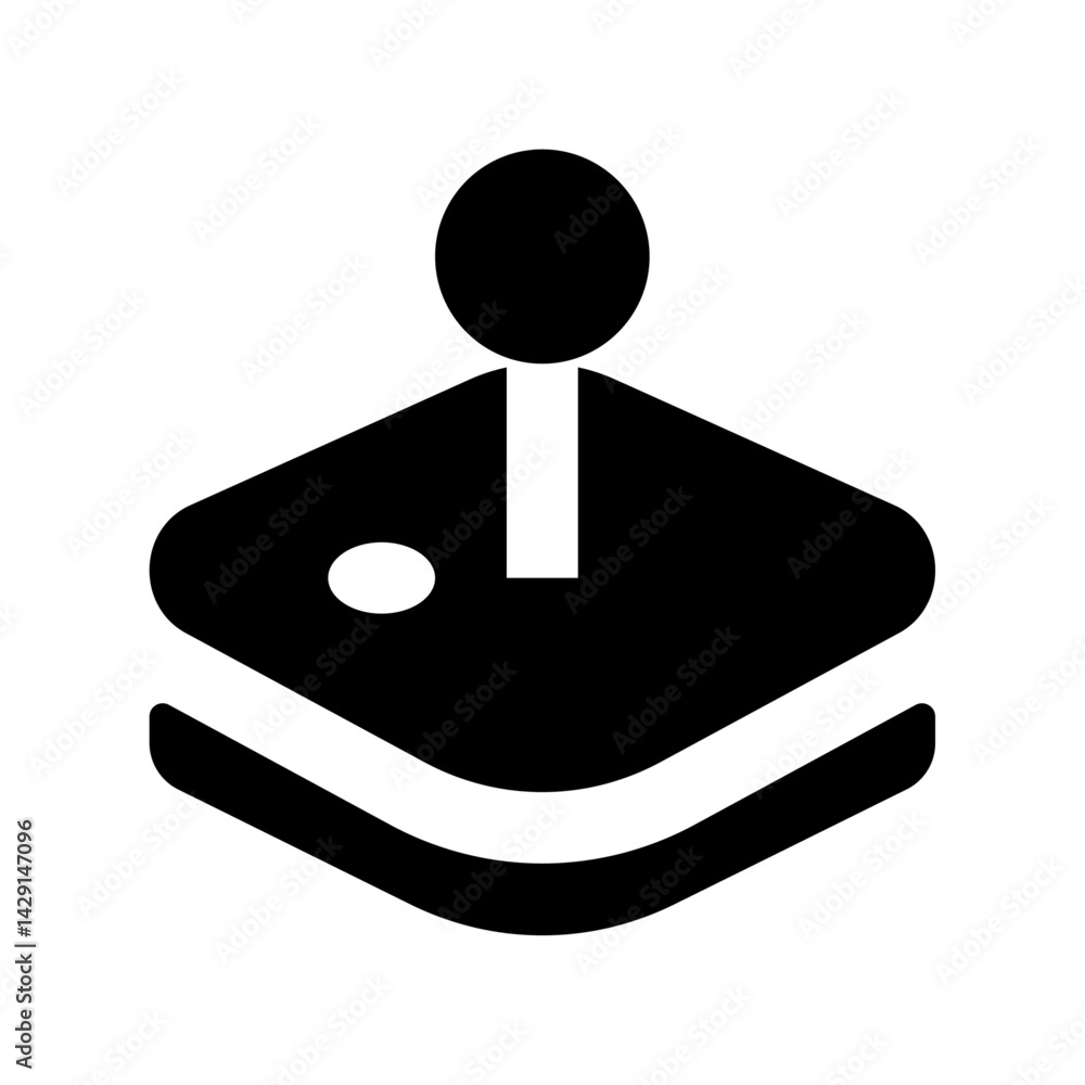 Poster illustration of a black and white game controller with a joystick and a button on a layered platform