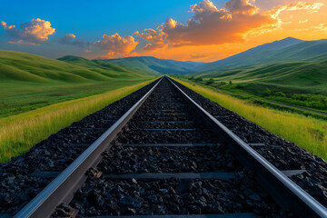 scenic view of railway track stretching into distance, surrounded by lush green hills under vibrant sunset sky. tranquil landscape evokes sense of adventure and exploration