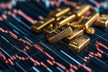 Gold bars on financial chart background illustrate commodity price trends and market fluctuations. shiny gold reflects investment value and economic stability
