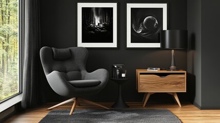 Dark, modern living room with minimalist art.