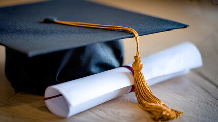 A close-up view of a graduation cap with a dangling tassel and a folded diploma placed underneath against a textured background.