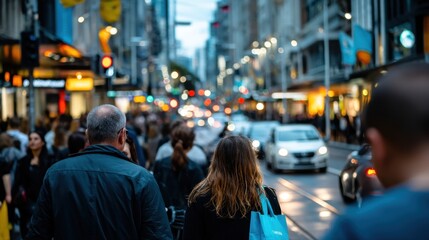 Obraz premium Busy City Street at Dusk with Pedestrians and Moving Vehicles in a Crowded Urban Environment