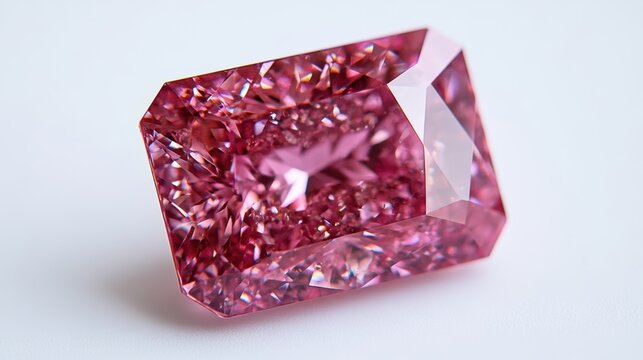 Close-up of a radiant-cut ruby with bright red sparkle, isolated on white background