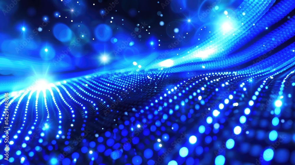 Poster wonderful picture of blue light wave, sparkling particles scattered across space background, create 