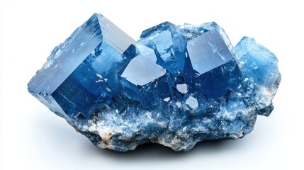 Detailed close-up of a blue sapphire with sharp texture and vibrant light play, isolated on white background
