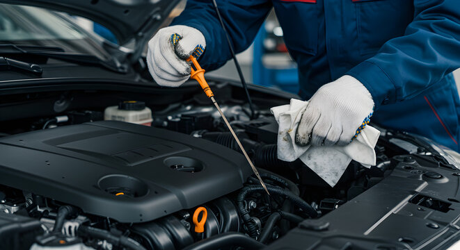 Close Up of Mechanic Checking Oil Level in Car Engine with Blue Uniform and Gloves - Powered by Adobe