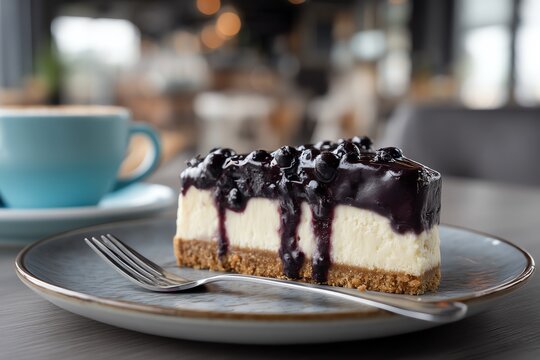 Macro detail of a slice of blueberry cheesecake with glossy topping and graham cracker crust