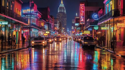 Vibrant Night in New Orleans: Bourbon Street's Dazzling Rain-Kissed Reflections
