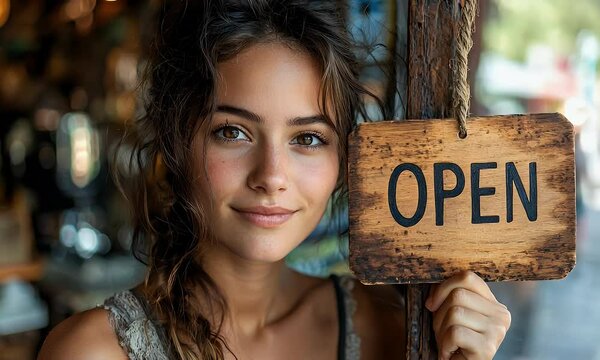 Happy woman holding an open sign in a cafe.