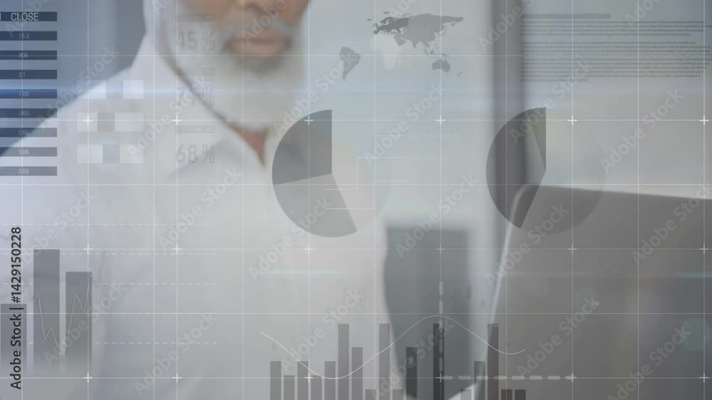 Poster man analyzing laptop screen in technology office, interacting with floating pie charts, bar graphs