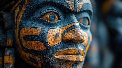 The intricate details of a hand-carved wooden mask with tribal designs