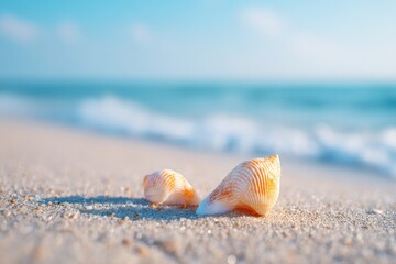 close-up of unique seashells lying on pristine sandy beach with gentle ocean waves in background