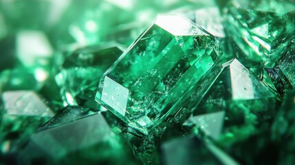Detailed close-up of a radiant-cut emerald with visible inclusions and brilliance, isolated on white background