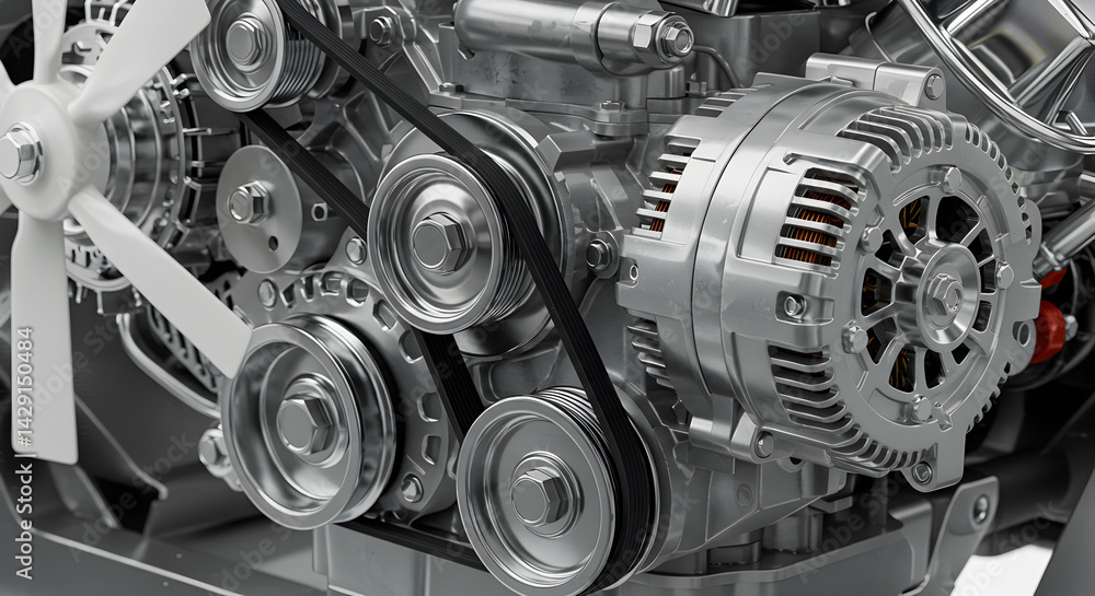 Poster close up of detailed automotive engine featuring chrome parts and metallic components displaying mod