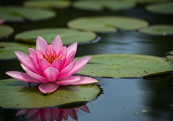 Serene Pink Water Lily Floating on Calm Water, Lily Pad Reflection, Nature Photography