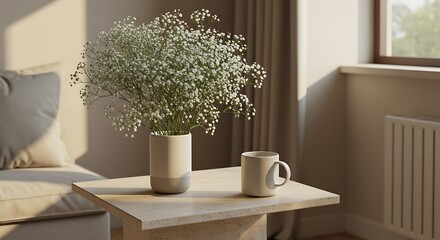 Fototapeta premium Serene Morning Sunlight Illuminates Simple Home Decor Featuring a Delicate Flower Arrangement and a Warm Mug of Coffee on a Cozy Side Table