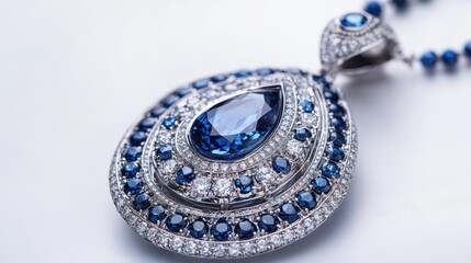 Naklejka premium Close-up of an intricate sapphire pendant with sparkling light, isolated on white background