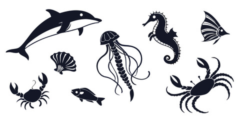 Marine Animals Silhouettes Vector - Dolphin, Jellyfish, Seahorse, Fish, Crab, Shell, Sea Creature Icons