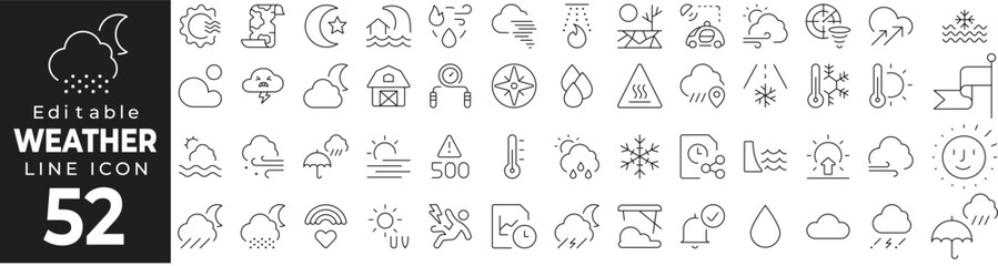Weather Forecast Icon Set: A Line Icon Collection Featuring Cloud, Sun, Rain, Temperature, Storm, and More