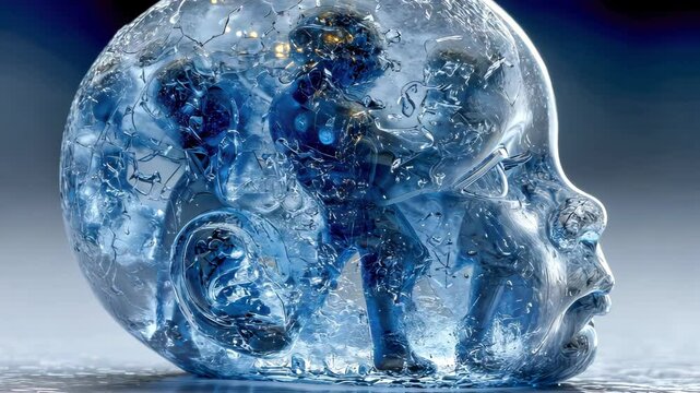 Conceptual image of a frozen embryo inside a transparent icy human baby head, symbolizing cryopreservation and bioethics