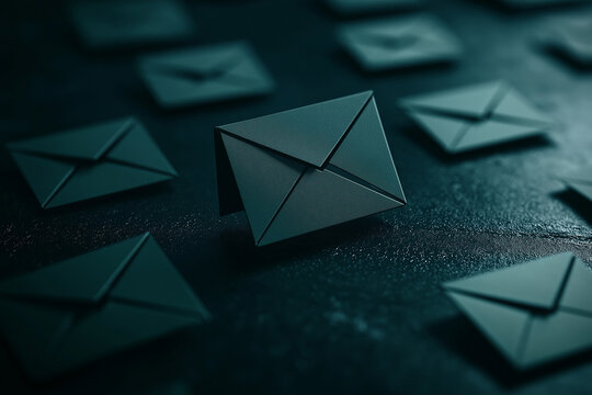 collection of dark envelopes on textured surface, symbolizing communication and digital security. focus is on one envelope, representing importance of protecting information