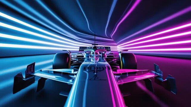 A seamless loop video of a racing car in a never-ending neon tunnel shaped like an infinity symbol, looping perfectly